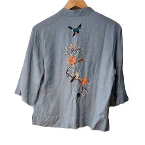 Embroidered Blue‎ Women's Top Button Up Linen/cotton